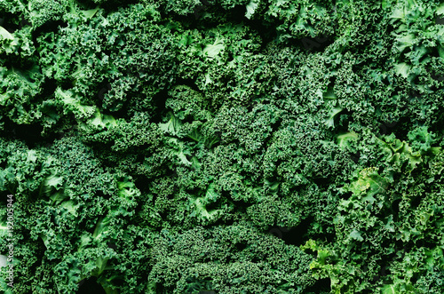Murais de parede Fresh organic green kale background, selective focus, top view, copy space