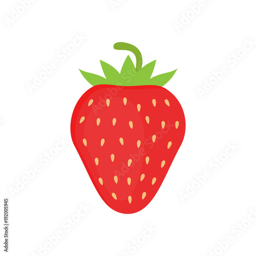 Cute strawberry vector graphic icon, red strawberry with green leaves and tiny yellow seeds. Summer red fruit berry, isolated.