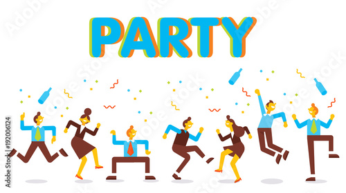 Business people have a party in office. They dancing   having fun and drinking alcohol at a party. Cartoon style  flat vector illustration.