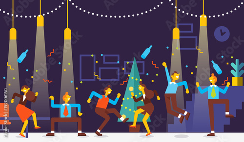 Business people have a party in office. They dancing , having fun and drinking alcohol at a party. Cartoon style, flat vector illustration.