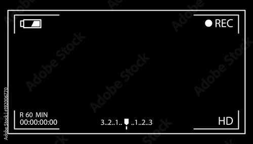 Camera screen with white frame, figures and battery symbol. Camcorder viewfinder on black background.