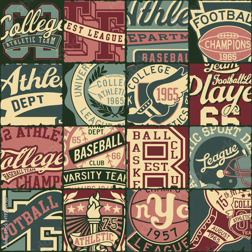 Vintage American college sporting badges patchwork vector seamless pattern