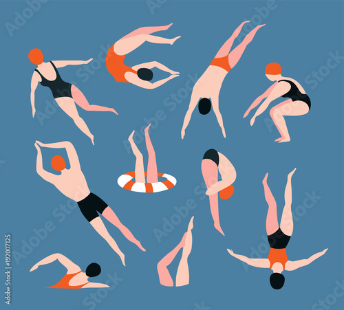  Summer  set with swimming people isolated on the blue background. Summertime vector illustration with swimmers drawing in flat style. photo