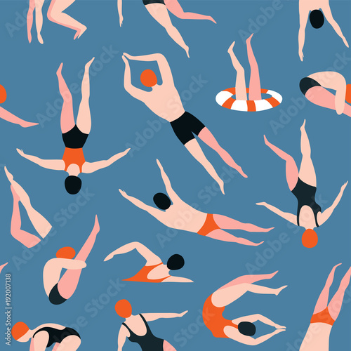 People swimming pattern. Summer seamless background. Summertime vector illustration with swimmers drawing in flat design. 