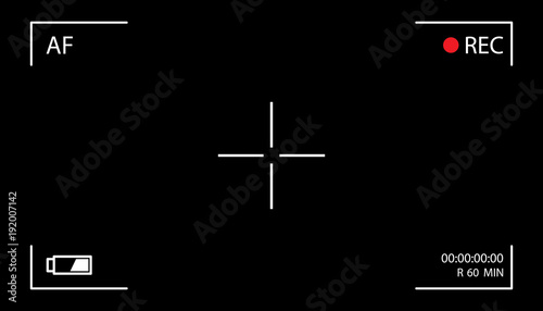 Camera screen with white frame, figures and battery symbol. Camcorder viewfinder on black background.