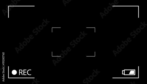 Camera screen with white frame, figures and battery symbol. Camcorder viewfinder on black background.