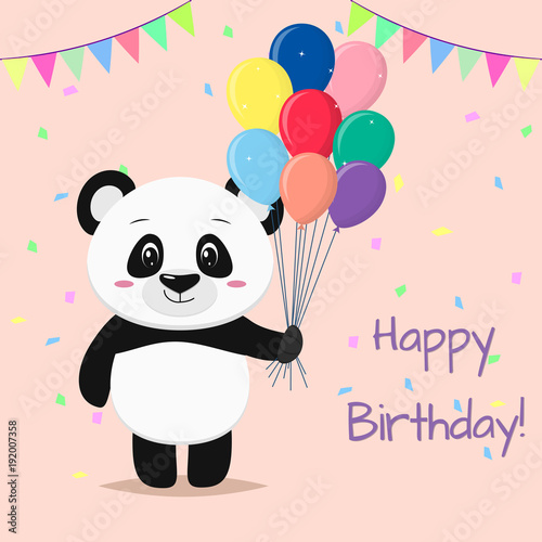 A sweet panda is standing and holding many different balloons in its paws. Happy Birthday.