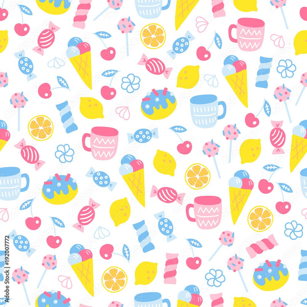 Seamless pattern with cup, cherry, ice cream, candy in pastel colors Seamless pattern with cup, cherry, ice cream, candy in pastel colors