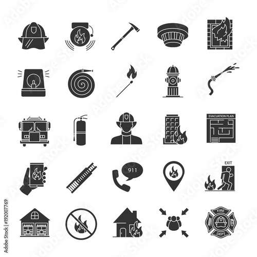 Firefighting glyph icons set