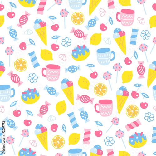 Seamless pattern with cup  cherry  ice cream  candy in pastel colors