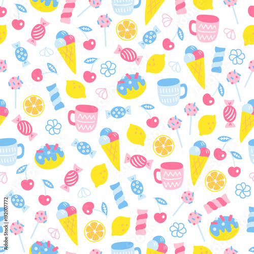 Seamless pattern with cup, cherry, ice cream, candy in pastel colors