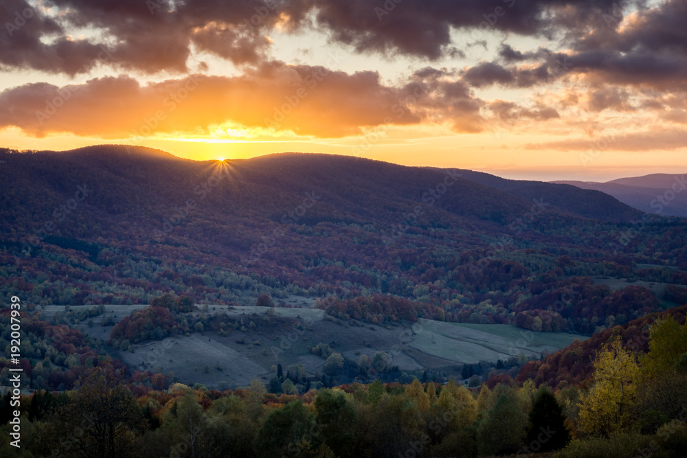 Sunset over the Rawka Mount in Bieszczady mountains at autumn, Podkarpackie, Poland