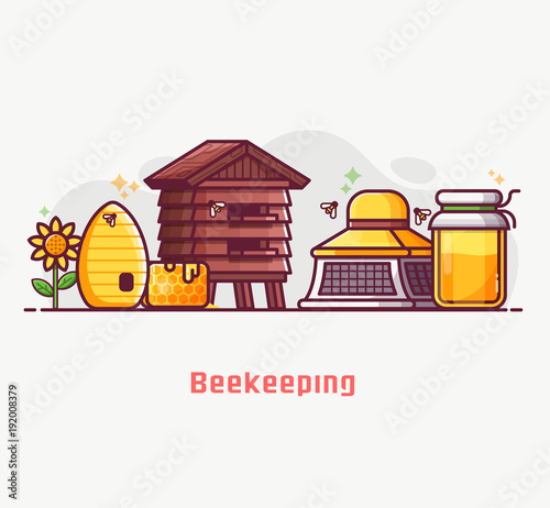 Apiary and beekeeping lifestyle banner with apiarist equipment and essentials. Such as beekeeper hat, honey jar, hive and bee house. Beer-garden concept illustration.