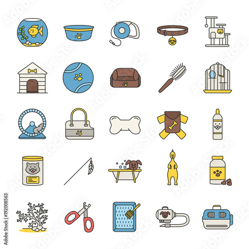 Pets supplies color icons set