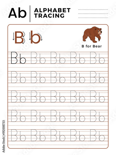 letter b alphabet tracing book with example and funny bear cartoon preschool worksheet for practicing fine motor skill vector animal illustration for children stock vector adobe stock