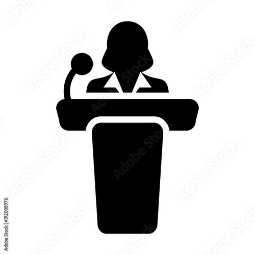 Public Speaking Icon Vector Female Person on Podium for Presentation and Seminar for People with Microphone in Glyph Pictogram Symbol illustration