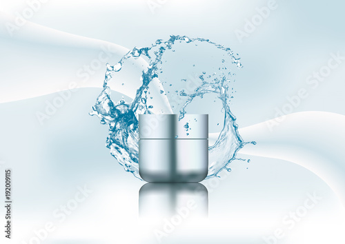 Advertising magazine page,Splash of water,empty realistic blue plastic cream jar.Cosmetic beauty product package template on an abstract stylish gradient background.Vector illustration. photo