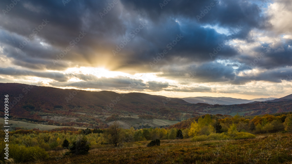Sunset over  the Bieszczady Mountains in the autumn from Polonina Carynska, Podkarpackie, Poland