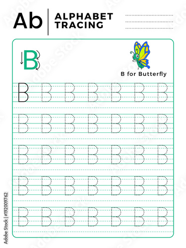 Letter B Alphabet Tracing Book with Example and Funny Butterfly Cartoon. Preschool worksheet for practicing fine motor skill. Vector Animal Illustration for Children.