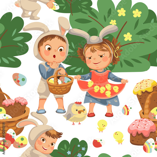 Fototapeta Naklejka Na Ścianę i Meble -  seamless pattern girl holding in her dress chickens, baby in apron with rabbit ears headband, happy boy easter bunny mask for costume holding basket for hunting eggs vector illustration isolated on