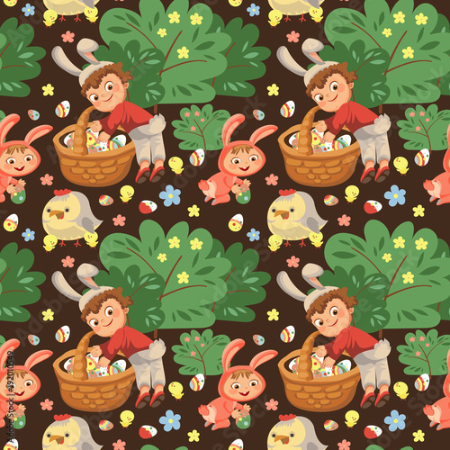 Seamless pattern boy smile hunting decorative chocolate egg under brush in easter bunny costume with ears and tail, vector illustration, spring holiday fun, isolated on white, paschal basket for eggs