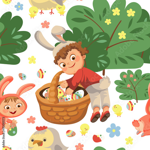 Seamless pattern boy smile hunting decorative chocolate egg under brush in easter bunny costume with ears and tail, vector illustration, spring holiday fun, isolated on white, paschal basket for eggs