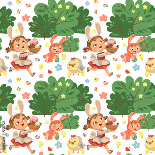 Seamless pattern girl smile running hunting decorative chocolate egg in easter bunny costume ears and tail vector illustration, spring holiday fun isolated on white, baby run with paschal basket for
