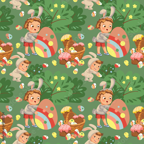 Seamless pattern boy smile hunting decorative chocolate egg under brush in easter bunny costume with ears and tail, vector illustration, spring holiday fun, isolated on white, paschal basket for eggs