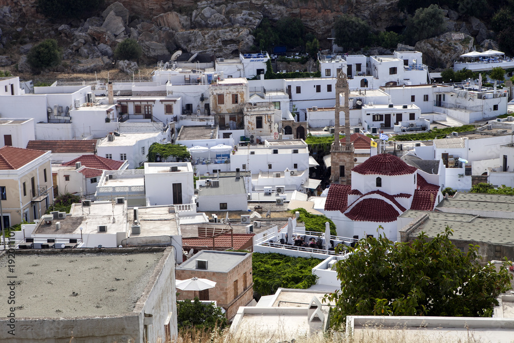 view of the white town of Lindos, Rhodes, Greece
