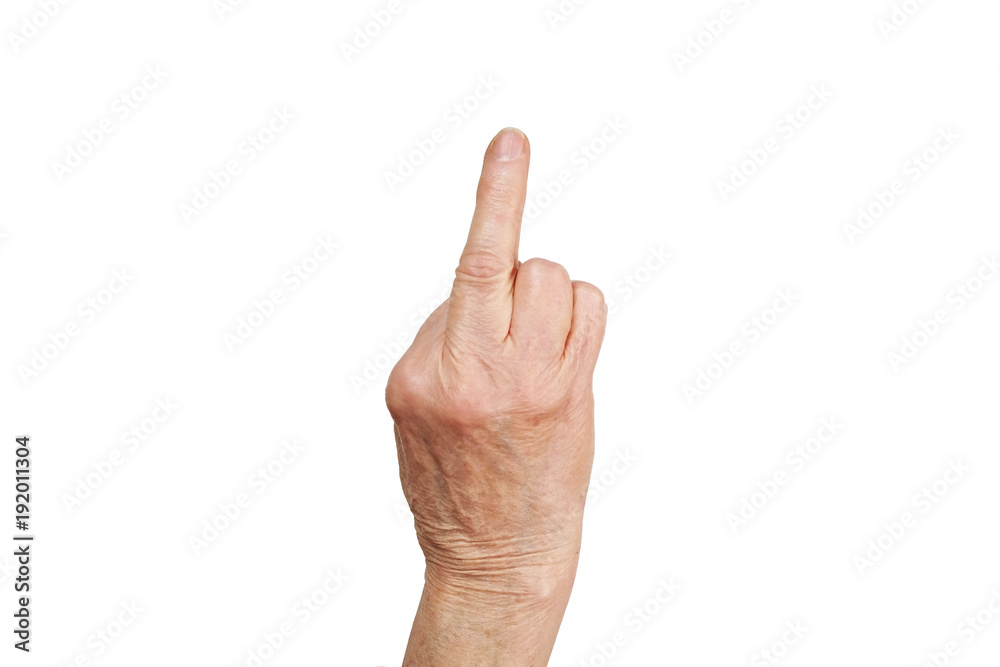 Senior female gesture language, hands signs isolated on solid white background. Old female in her seventies / eighties showing arms forearms. Senior female gesture language, hands signs isolated on solid white background. Old female in her seventies / eighties showing arms forearms.