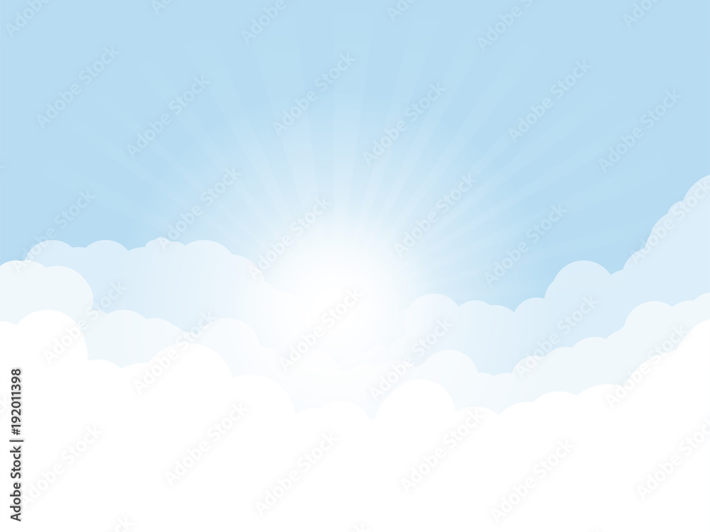 Blue sky, and high clouds. Rising sun with rays above clouds. Religion or heaven concept. White clouds and light blue sky color.