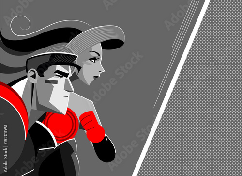 Superheroes man and woman together confront the threat