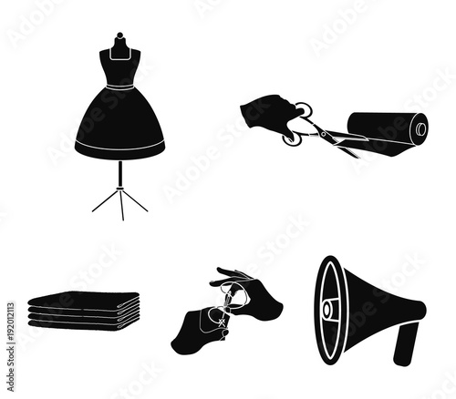 Fabric, scissors for cutting fabrics, hand sewing, dummy for clothes. Sewing and equipment set collection icons in black style vector symbol stock illustration web.
