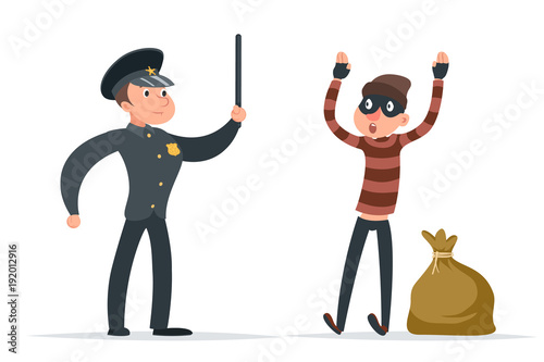 Caught thief surrender loot policeman character cartoon design vector illustration