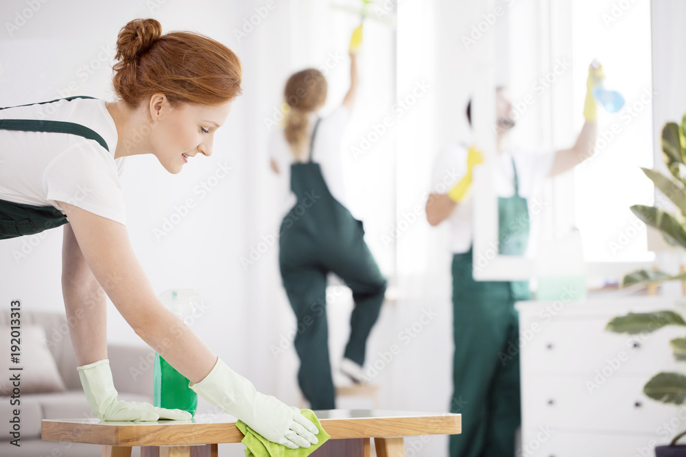 Fototapeta premium Professional cleaner woman wiping table
