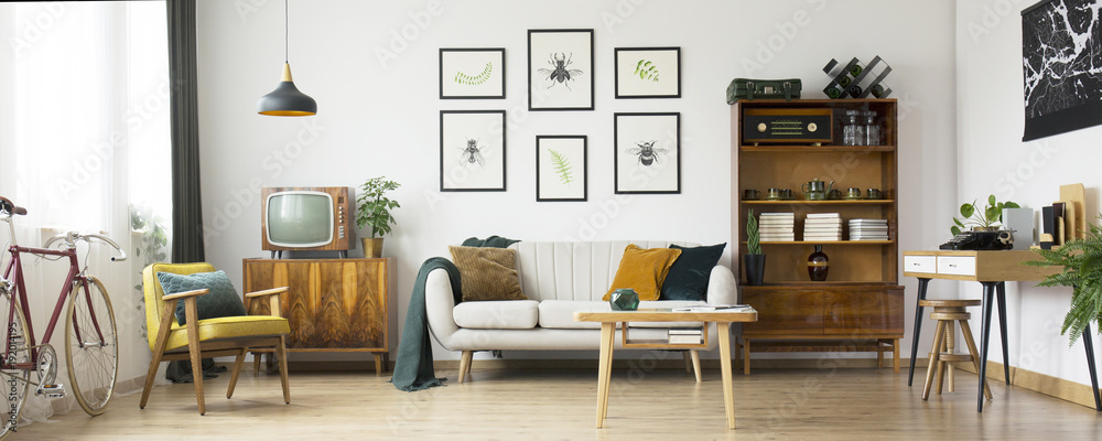 Retro living room design - obrazy, fototapety, plakaty 