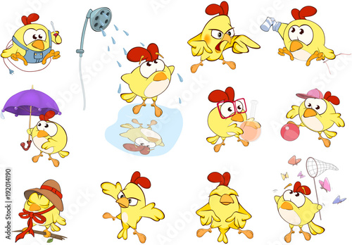 Set of Cute Chickens in Different Poses for you Design. Cartoon Character