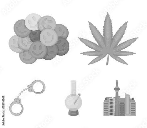 Hemp leaf, ecstasy pill, handcuffs, bong.Drug set collection icons in monochrome style vector symbol stock illustration web.