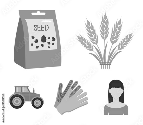 Spikelets of wheat, a packet of seeds, a tractor, gloves.Farm set collection icons in monochrome style vector symbol stock illustration web.
