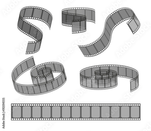 Vector set of filmstrip rolls. Collection of realistic movie and cinema elements or objects isolated on the white background.