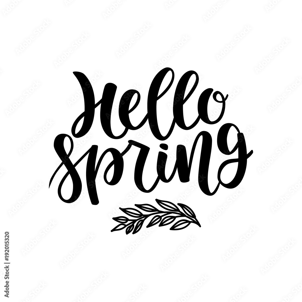 Naklejka premium Hello spring postcard. Seasonal lettering. Ink illustration. Modern brush calligraphy. Isolated on white background. Hand lettering.