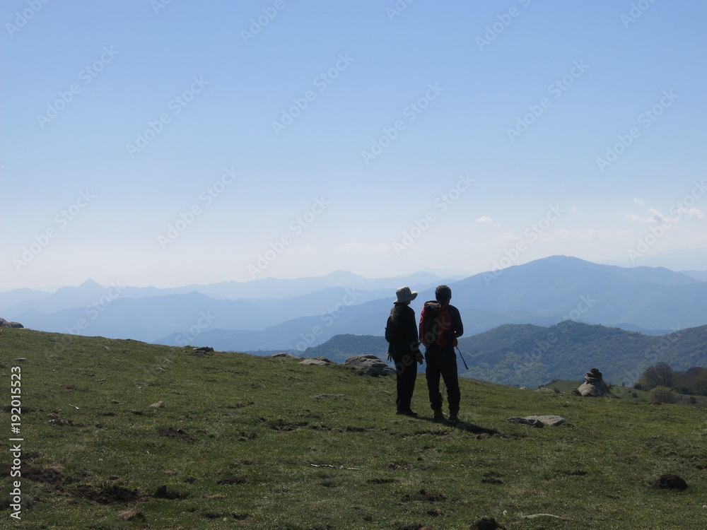 Couple de randonneurs statiques observant le paysage de montagne