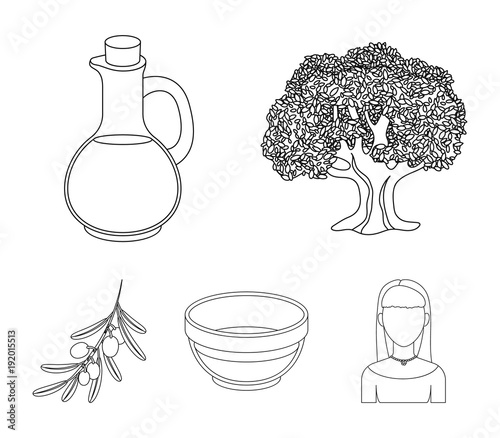An olive tree, a branch with olives, a vessel and a jug of oil. Olives set collection icons in outline style vector symbol stock illustration web.