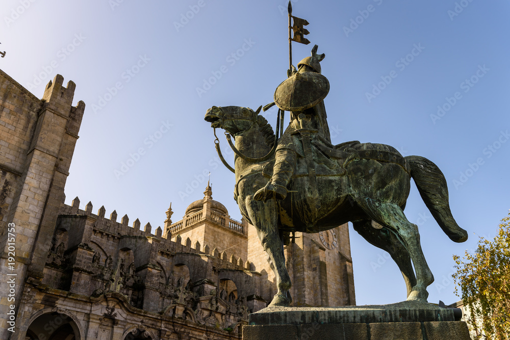 Equestrian statue in front of the Cathedral of Porto
