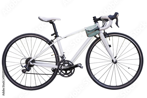 vintage race road bike / white bicycle classic style, modified spare parts, two tone color bicycle wheels, Leather bike on isolated white background