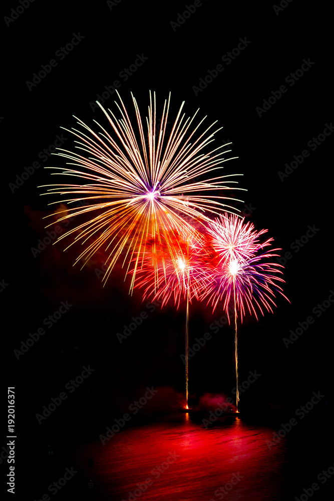 Firework beautiful colorful fireworks for celebration happy new year and merry christmas on black isolated background