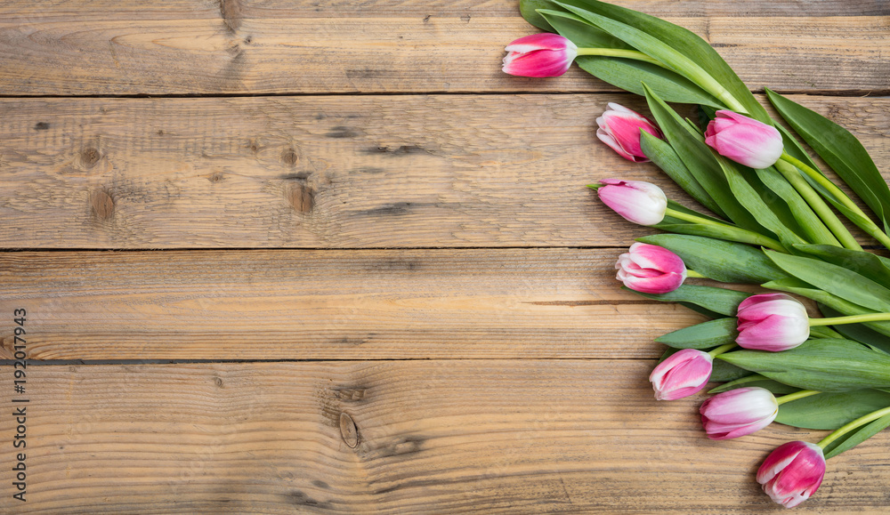 Womens day. Pink tulips on wooden background, copy space, top view Womens day. Pink tulips on wooden background, copy space, top view