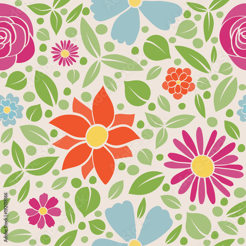 Seamless pattern with hand drawn flowers in retro style. Mother s Day  Woman s Day and Valentine s Day. Vector..