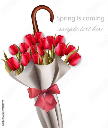 Red Rose flower bouquet umbrella. Spring is coming card Vector