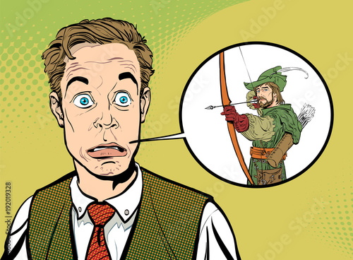 Clerk and hero. Dreaming to be a superhero. Businessman and Robin Hood. Concept idea of advertisement and promo. Pop art retro style illustration. People in retro style. Halftone background.